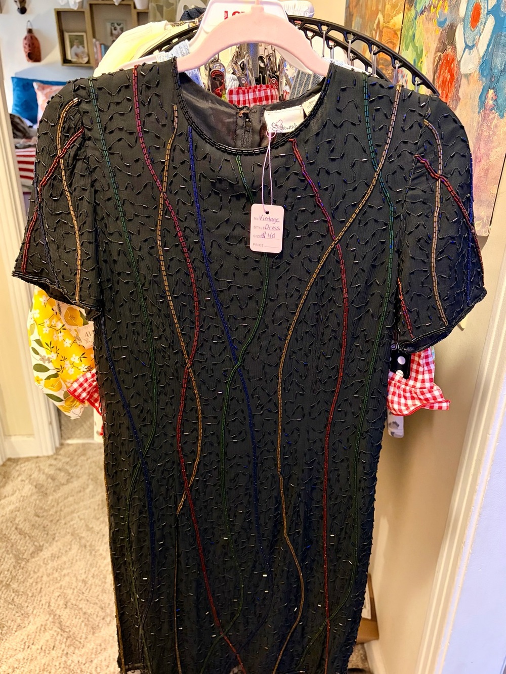 Vintage 90’s Black Beaded Short Sleeve Dress with Multicolor Rope Trim